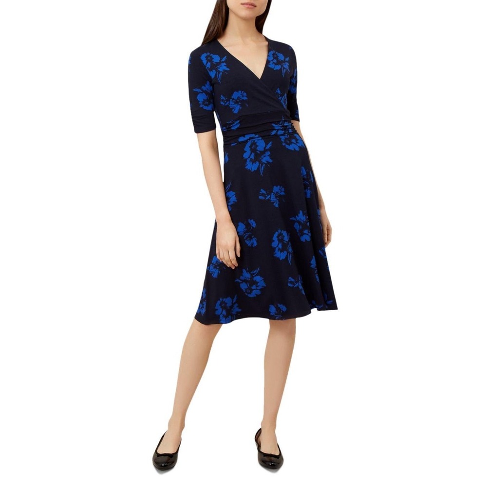 Hobbs London Floral Print Wrap Jersey Dress Ruched Waist in Blue Size US 12